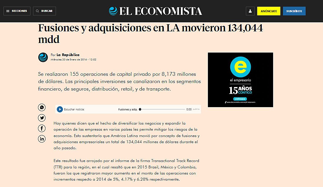 Fusiones y adquisiciones en LA movieron 134,044 mdd